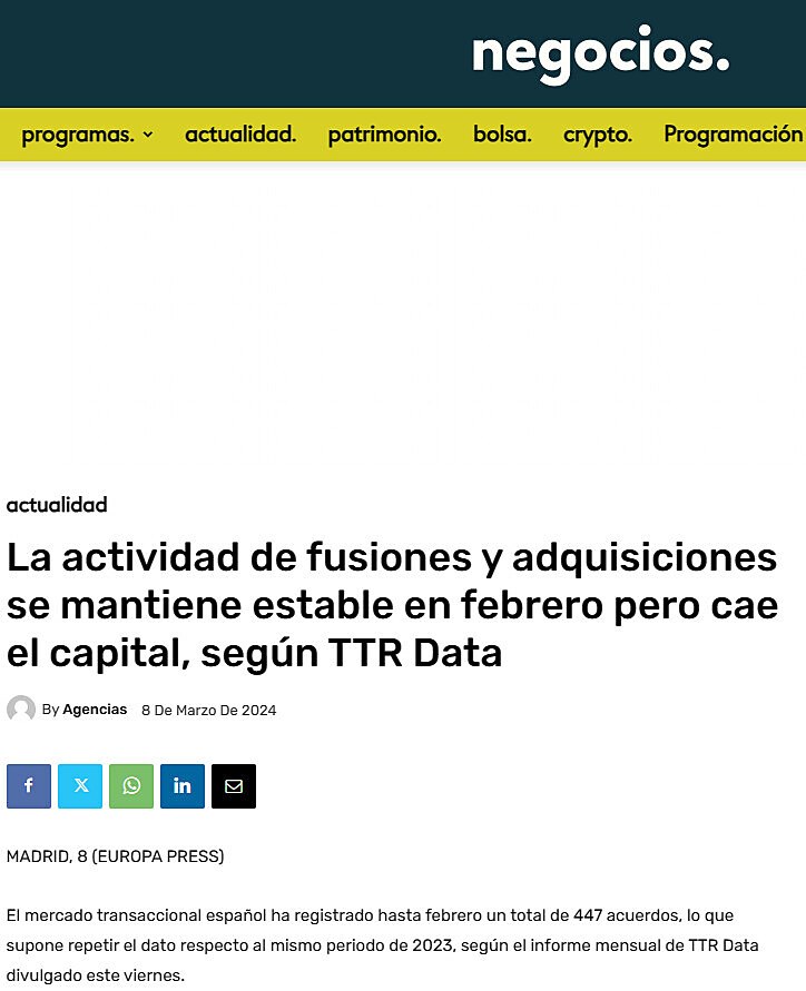 La actividad de fusiones y adquisiciones se mantiene estable en febrero pero cae el capital, segn TTR Data